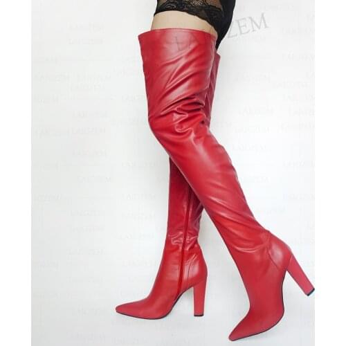 LAIGZEM Women Thigh High Boots Full Zip Up Pointed Toe Block Heels Boots Over Knee Faux Leather Party Zapatos Big Size 41 43 47