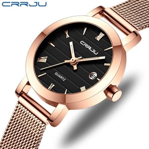 Women Watches CRRJU 2176 Womens Fashion Elegant Dress Watch Stainless Steel Waterproof Slim Ladies Quartz Wrist Watches