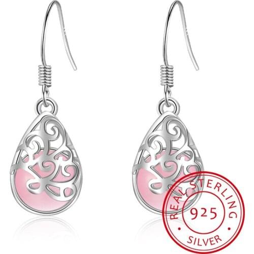 LEKANI Pink White Water Drop Shaped Ear drops Silver 925 Jewelry Gemstones Earrings for Women Hollowed pattern Engagement