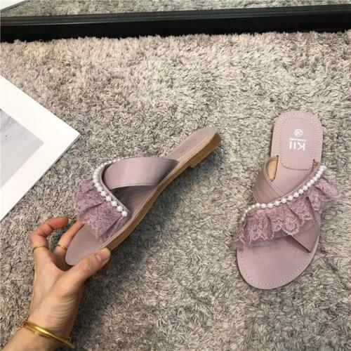 2021 Lace Imitation Pearls Women Slippers Cross Belt Flat Female Slides Sweet Princess Sandals Girl Korean Style Outdoor Shoes