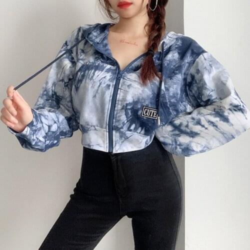 Women Tie Dye Hoodies Jacket Drawstring Zip Up Long Sleeve Short Tops Letters Embroidery Harajuku Pocket Sweatshirt Coat
