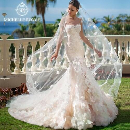 Michelle Royce Mermaid Wedding Dresses 2020 Sweetheart Illusion Appliques Backless Chapel Train Wedding Gowns Vestido De Noiva