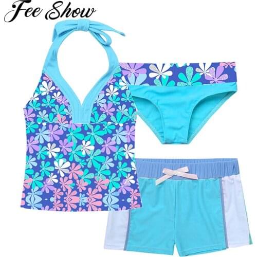 3Pcs Kids Girls Summer Swimming Outfit Beach Swimwear Sleeveless Halter Neck Top Elastic Waistband Shorts with Briefs Swim Suits