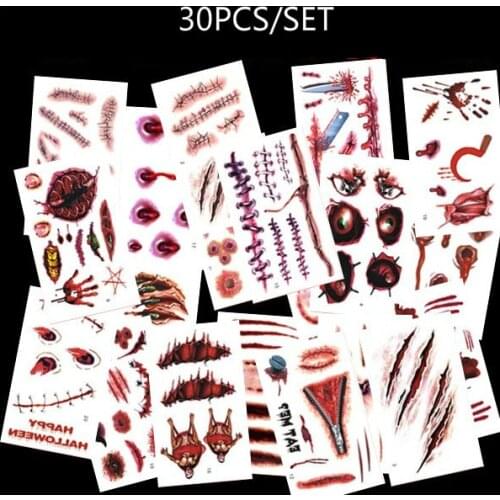 30pcs 3D Tattoo Sticker Halloween Scar Design Small Pattern Waterproof Temporary Tattoo Body Art for Men Women Kids Fake Tattoo