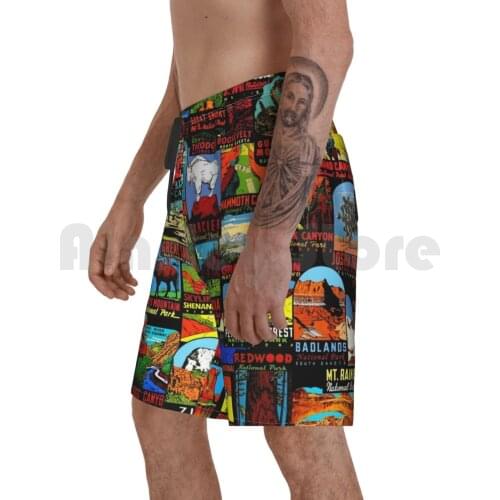 American National Parks Vintage Travel Decal Bomb Beach Shorts Men Beach Pants Swim Trunks National Parks Park