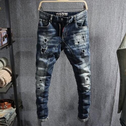 European Street Fashion Men Jeans Retro Blue Elastic Slim Fit Ripped Jeans Men Painted Patch Designer Hip Hop Denim Punk Pants