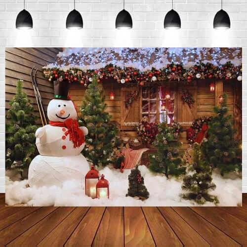Photography Backdrops Christmas Background Wooden House Snowman Winter Snow Christmas Tree Background Photo Backdrop Photocall