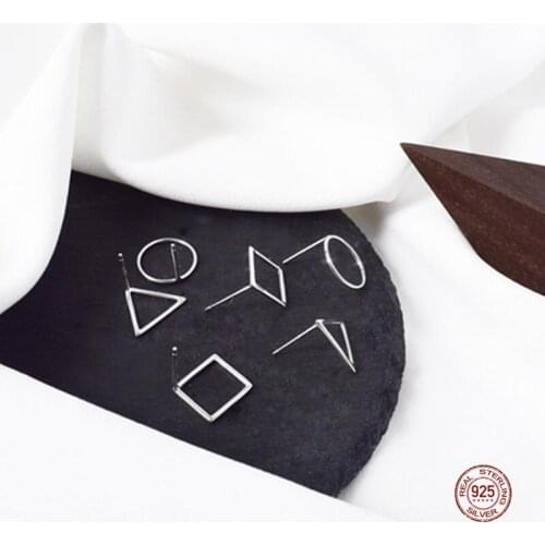 LKO 925 Sterling Silver Fashion Stud Earrings Hollow Geometric Simple Round /Triangle/Square Jewelry Earrings For Women Gifts
