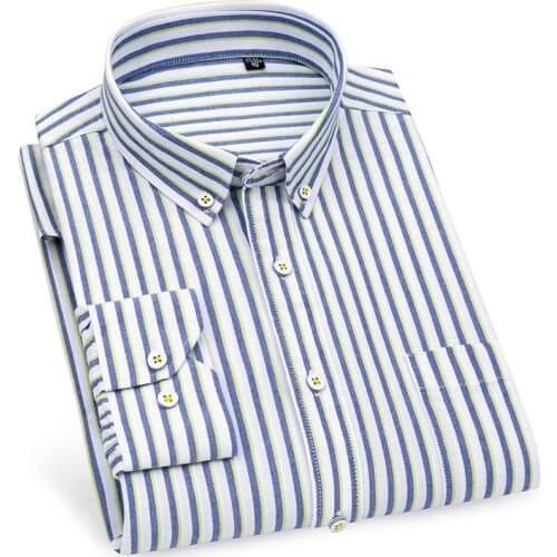 Mens Striped Shirts 100%Cotton Long Sleeve Dress Shirt for Men Office Business Casual Regular Fit Fashion with Front Pocket New