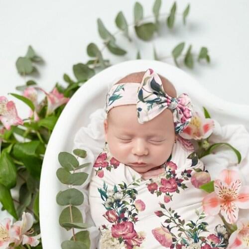 2021 New 2 Pcs Newborn Baby Receiving Blanket Bowknot Headband Set Infant Print Swaddle