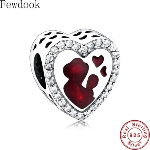 925 Sterling Silver Mother‘s Love Bead With Red Enamel Zirconia Fit Original Pan Charm Bracelet Mom Baby Berloque 2020 NEW