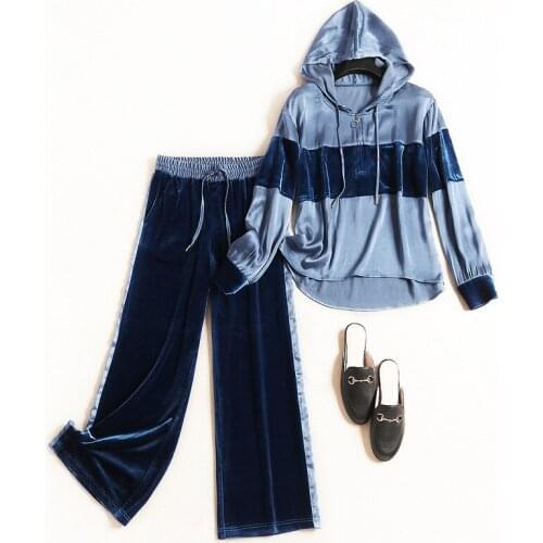 Women Loose Velvet Two Piece Set Hiphop Style Casual Outfits Autumn Winter 2021 Designer Hoodies Sweatshirt + Wide Leg Pants Set