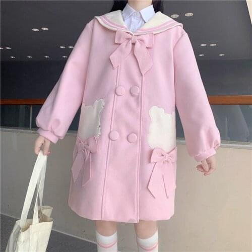 Sweet Girl Pink Lolita Wool Trend Coat Autumn Winter Women Cute Bear Embroidery Bow Loose Overcoat Female Kawaii Warm Jackets