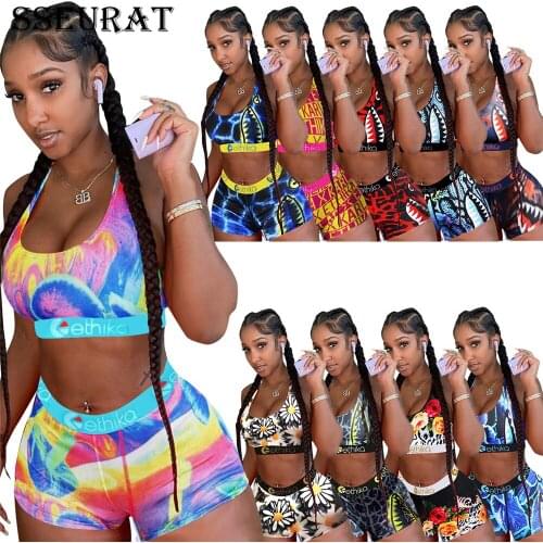 SSEURAT Women Sexy Print Swimsuit Sports Bikini Crop Tank Tops Shorts Fitness Two Piece Set Yoga Suit Beachwear Tracksuits