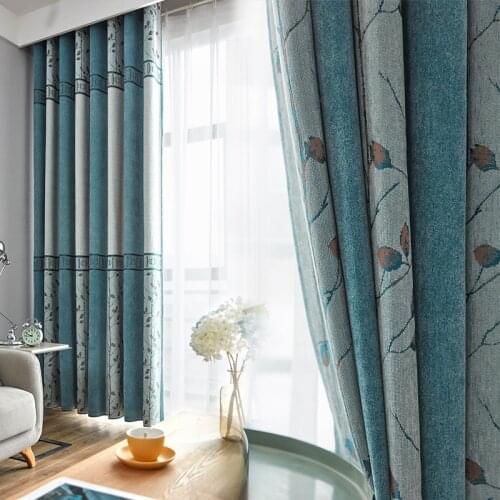 Modern Simple Leaves Chenille Linen Jacquard Shading Curtains for Living Dining Room Bedroom