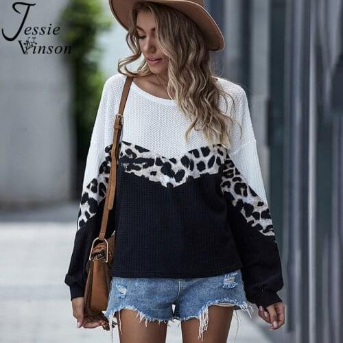 Jessie Vinson Long Sleeve T-shirt Women Leopard Print Casual Loose T Shirt Tee Womens Waffle Knit Tops Patchwork Woman Tshirts
