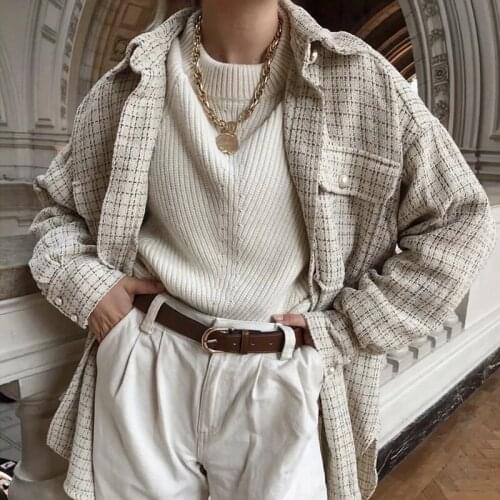 Vintage Plaid Thick Shirts Women 2021Spring-Autumn Long Sleeve Pearl Button Up Shirt Female Fashion Oversize Blouse Tops Mujer