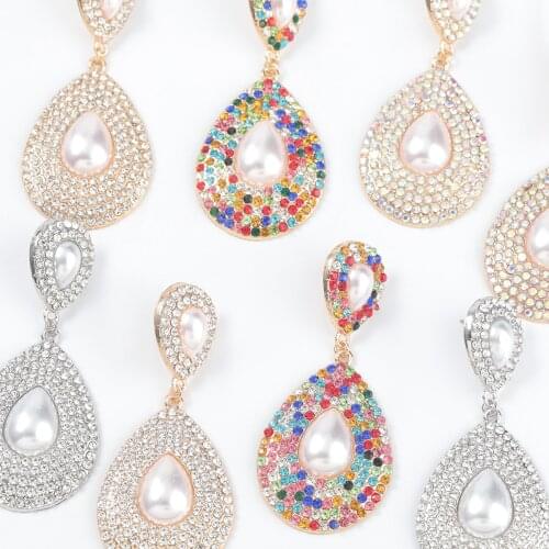 JIJIAWENAHU New Fashion womens Imitation Pearl Multicolor Rhinestone Pendant Style Temperament Statement Earrings Accessories