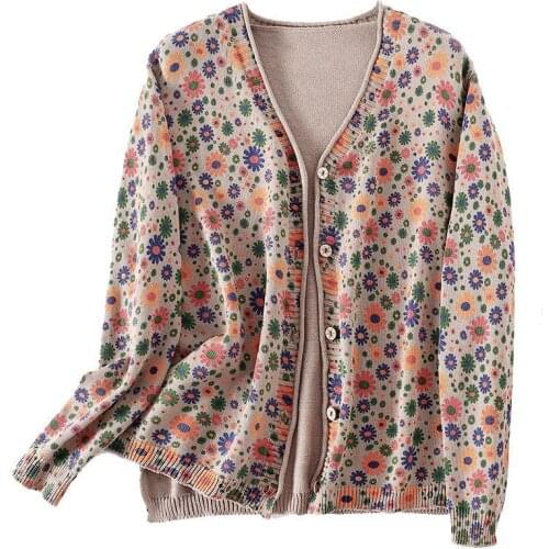 Printed knitted cardigan womens short shawl outer spring and autumn wear 2021 new retro floral sweater coat