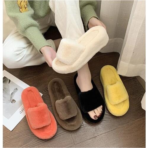 2021 Women Fluffy Slippers Shoes Woman Fur Wedge Slippers Home Slides Ladies Sweet Cute Home Indoor Flip Flops Ladies Furry Shoe