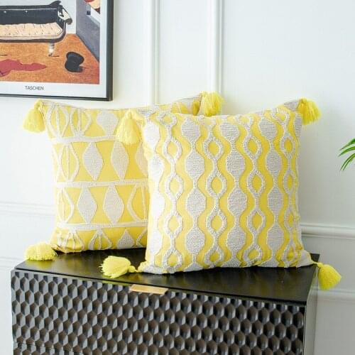American Yellow Pillowcase 45*45cm Beige Rope Stereo Geometric Embroidery Yellow Surrounding Tassel Cushion Cover