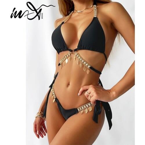 In-X Diamond bikini 2021 Chain swimwear women Bandage swimsuit womens swimming suit Halter bathing suit Sexy 2 pieces set solid