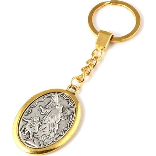 10pcs Keychain Two - tone Catholic patron San Michael the Archangel Charms Pendants Key Ring Travel Protection DIY Jewelry A-548