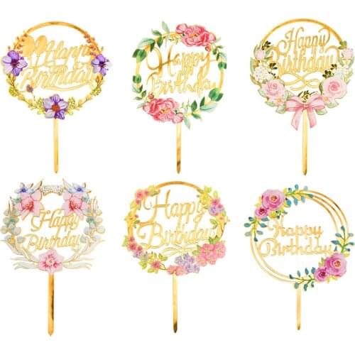 Floral Happy Birthday Cake Topper Acrylic Cake Topper Dessert Baking Topper Decor For Baby Shower Kids Birthday Party Decoration