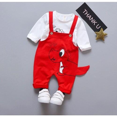 Kids Overalls T-Shirt Sets Children Cartoon Dinosaur Patterns O-Neck Cotton Clothing Boys Girls Clothes Kawaii Style Costume