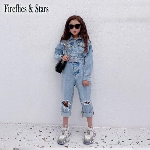 Spring Autumn Girls Denim Overall Baby One Piece Kids Jumpsuits Children Streetwear Clothes Ripped Hole Waistbelt 4 To 14 Yrs