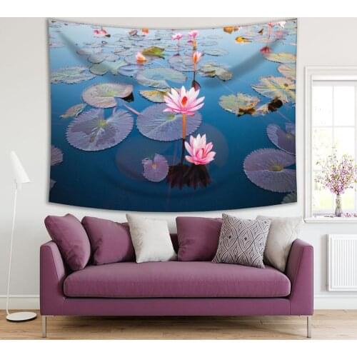 Tapestry Beautiful Lotus Flower in A Lake in Waterlilies Oriental Garden Nature Waterscape Photo Pink Blue Green