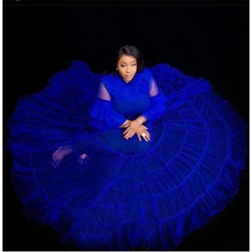 Roal Blue Pregnant Night Gown Bride Sleepwear Tiered Tulle Robes Custom Made Long Sleeves Photograph Gown Women Sleepwear Dress