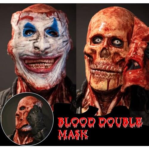 Halloween Double-faced Bloody Scary Skull Ripped Mask Horror Tear Wound Ghost Latex Mask Joker Clown Fullhead Scary Party Helmet