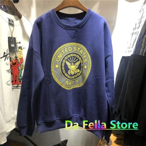 Kanye West Navy Sweatshirts Men Women High Quality Vintage United States Reflective Logo Printed O-neck Hoodie Asian Size