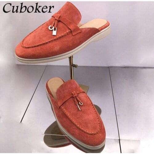 2021 Hot Sale Women Half Slipper Round Toe Kidsuede Mules Metal Decor Ladies Slides Thick Sole Casual Flat Shoes Woman Mujer