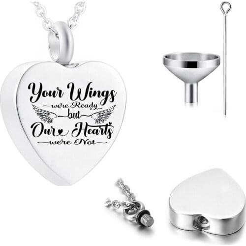 Cremation Jewelry Heart Pendant Stainless Steel Urn Necklace Pet Ashes Memorial -Your Wings Were Ready But Our Hearts Were Not