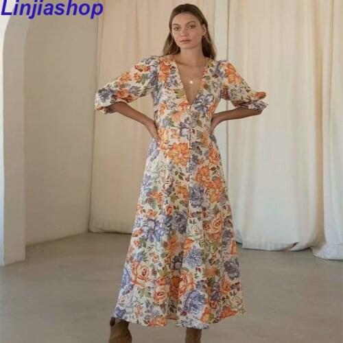 Womens New Fashion Trend V-Neck Short-Sleeved Temperament Elegant Printed Midi Dress Summer Button Lace Waist Slimming Dress