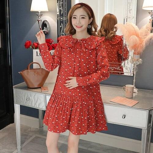 Print Bottoming Maternity Dresses For Pregnant Women Long Sleeve Lotus Leaf Collar Dresses Pregnancy Clothes Maternity Wear