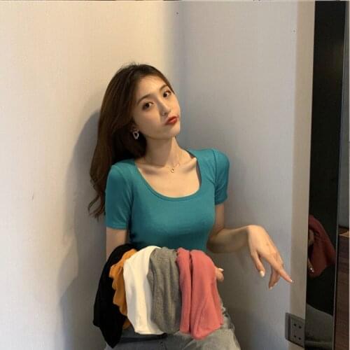Popular Women T-Shirt Short Leisure Shopping Wear Bright Colors Square Collar Self Cultivation Tshirt Clothes Girl Student