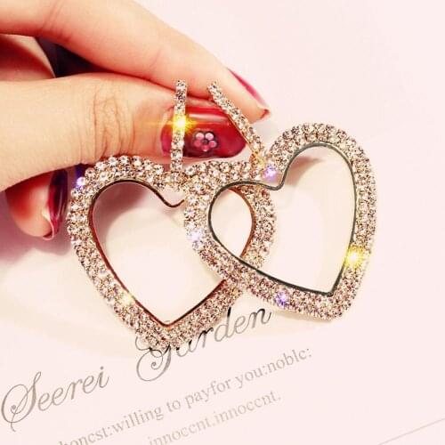 Heart shape Shining Circle Stud Earrings Precision Inlay Gold Silver Color Rhinestone Earrings for Women Wedding Party Jewelry