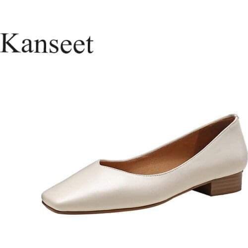 Kanseet Women Pumps 2021 New Spring Autumn Square Toe Genuine Leather Concise Handmade Shallow High Quality 2.5cm Low Heel Shoes