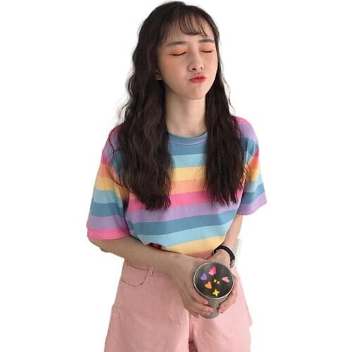 Spring Summer Rainbow Striped Cotton T-shirt Short Sleeves Round Collar Top