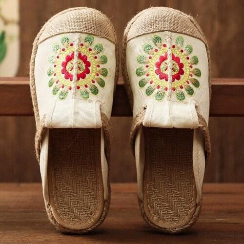 YourSeason Ladies Slippers Outside Slides 2021 Cotton Linen Embroider Flat With Women Retro Floral Summer Shoes Comfortable