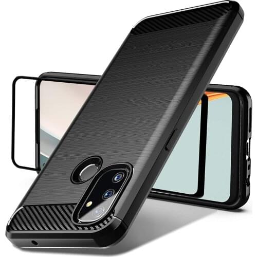 2 in 1 For OnePlus Nord N100 Tempered Glass Screen Protector Shock-Absorption Slim Fit Flexible TPU Case Brushed Texture Rubber