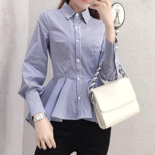 Womens Spring Autumn Style Blouses Shirt Womens Striped Turn-Down Collar Ruffles Long Sleeve Button Korean Tops SP780