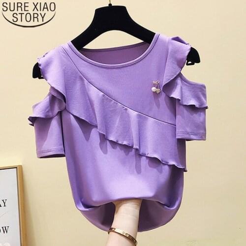 Ruffle TShirt Women 2020 Summer Slim Fit Solid Fashion Clothes Short Sleeve Off Shoulder Tops Tees Camisetas Feminina 9117 50