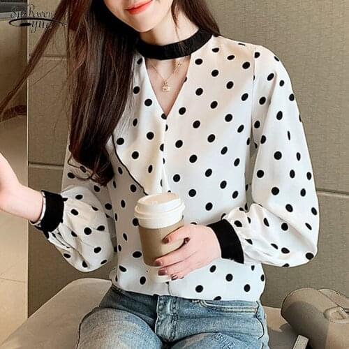 Autumn 2020 Fashion Hollow Ruffles Women Long Sleeve Shirts Polka Dot Print Chiffon Blouses Women Women Tops and Blouses 10700