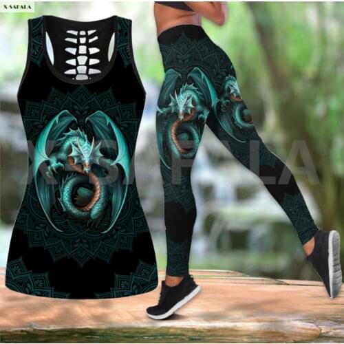 Gothic Dragon Art Premium Two Piece Yoga Set Women 3D Print Vest Hollow Out Tank Top High Waist Legging Summer Casual Sport