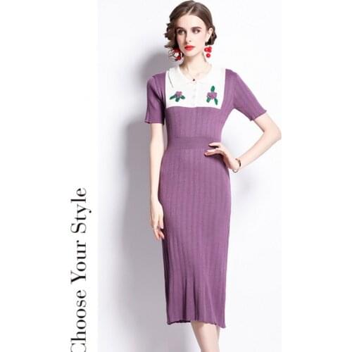 2021 Summer Womens Purple knit Dress turn down collar Short Sleeve 3D Flower Embroidery Slim Knitted Dress