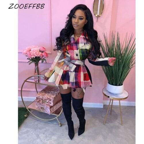 ZOOEFFBB Festival Aesthetic Plaid Loose Elegant Sashes Long Sleeve Mini Dress One Piece Sexy Club Birthday Outfits for Women